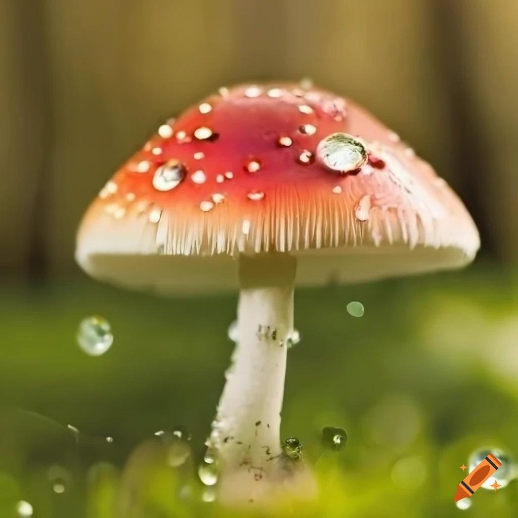 Closeup photo of a cute mushroom with dewdrops