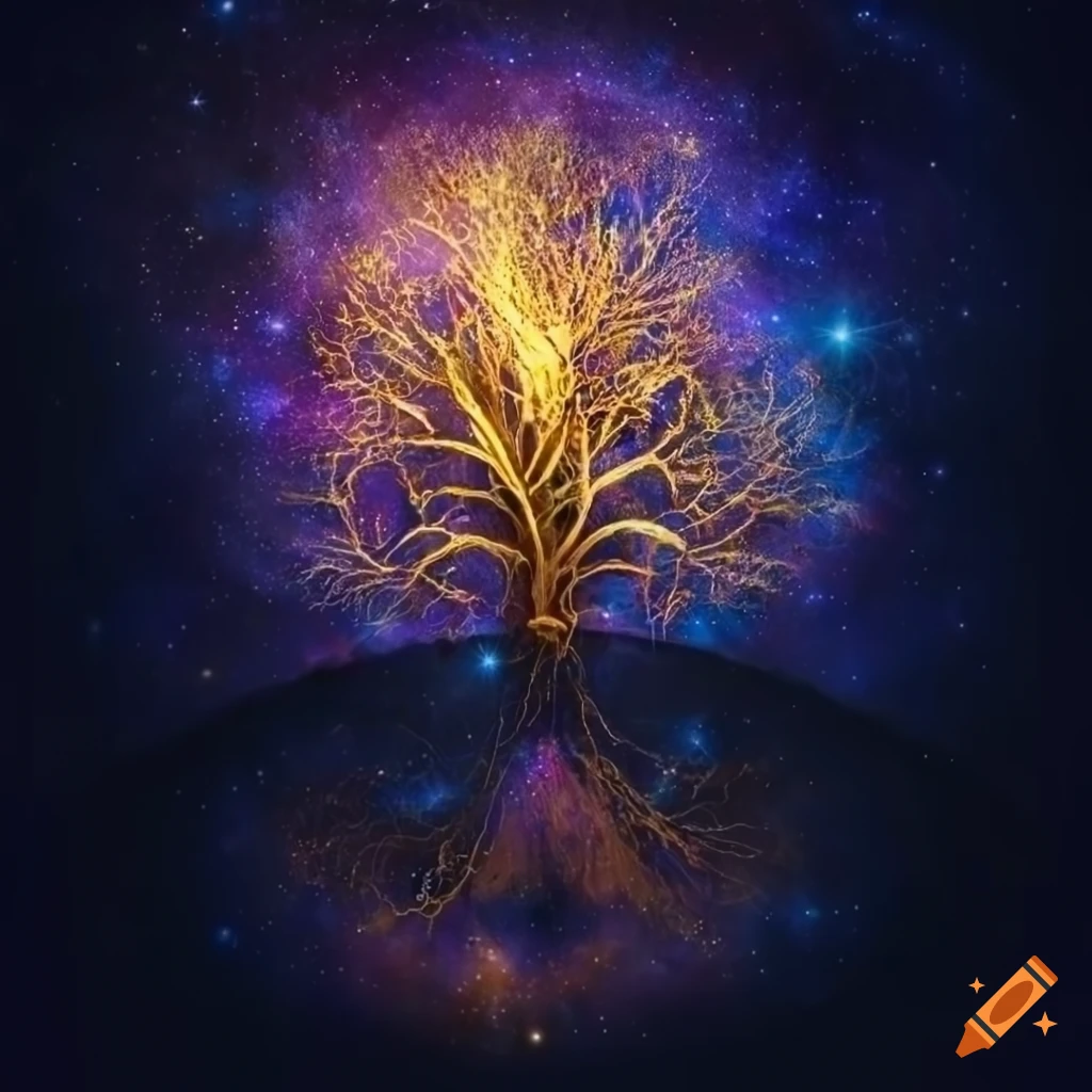 Galaxy tree with glowing gold veins