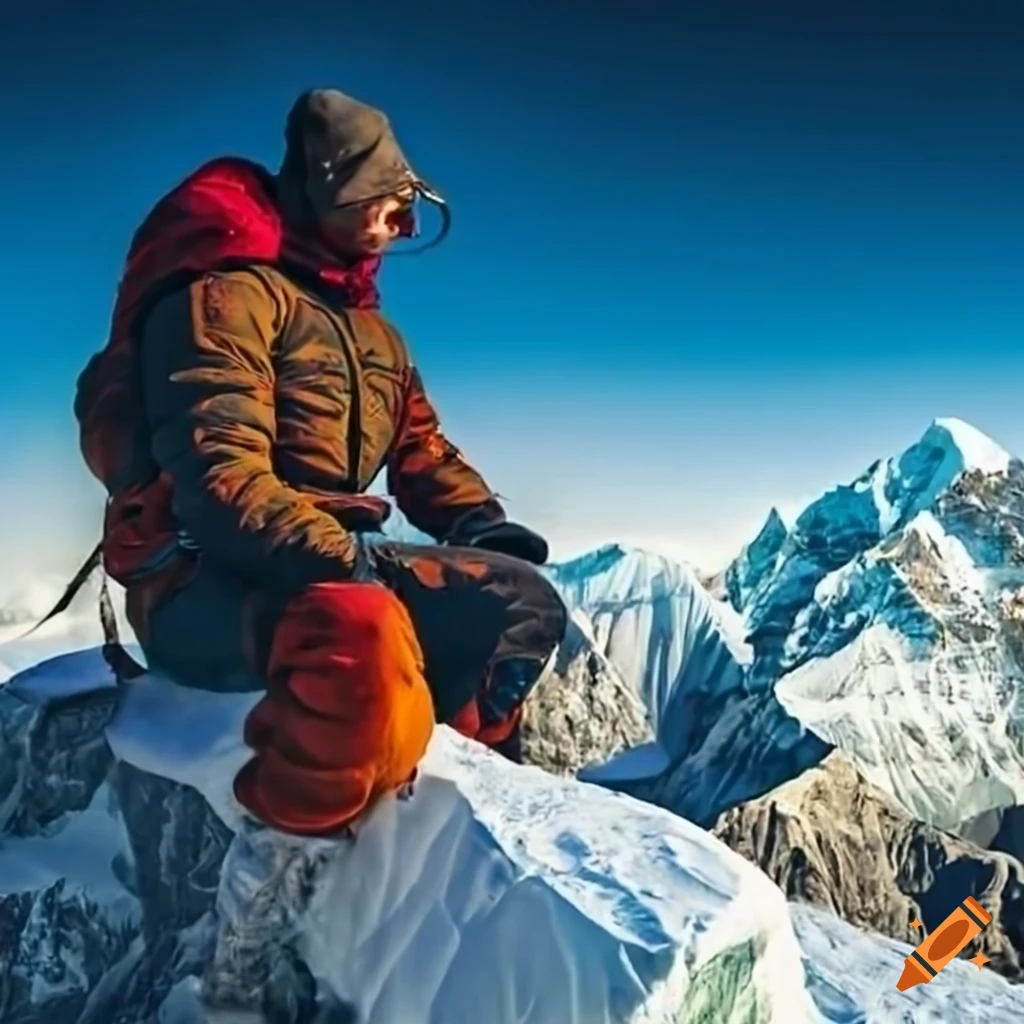 man sitting on Mount Everest peak