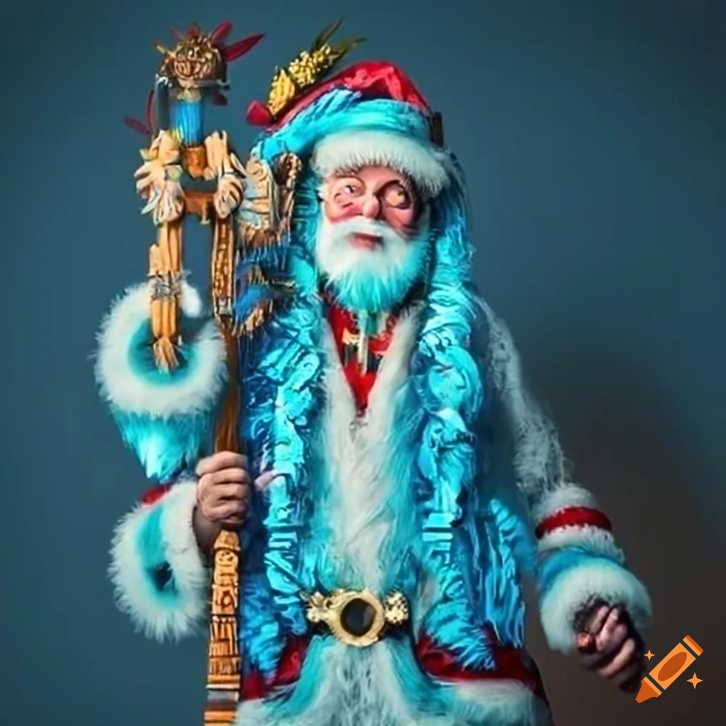 Aztec-themed Santa Claus in blue attire