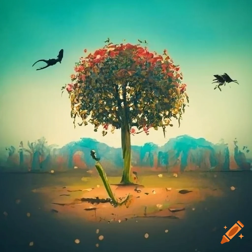 Artistic landscape of a garden with a cutdown apple tree