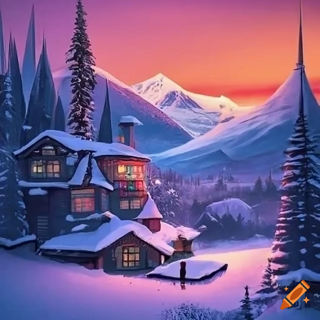 dreamy Christmas card with snow, houses, and people at sunset