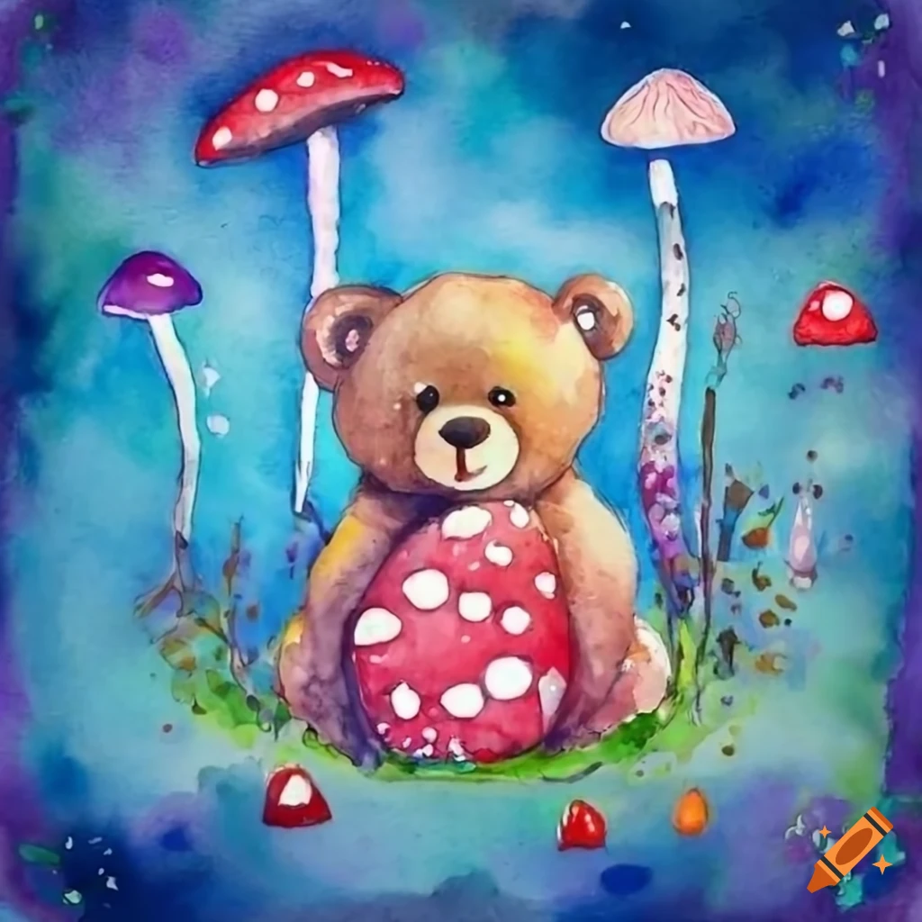 teddy bear sitting under a colorful mushroom in a moonlit landscape