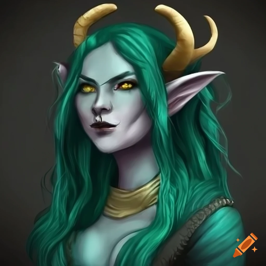 Digital art of a female tiefling with dark green hair and rams horns on ...
