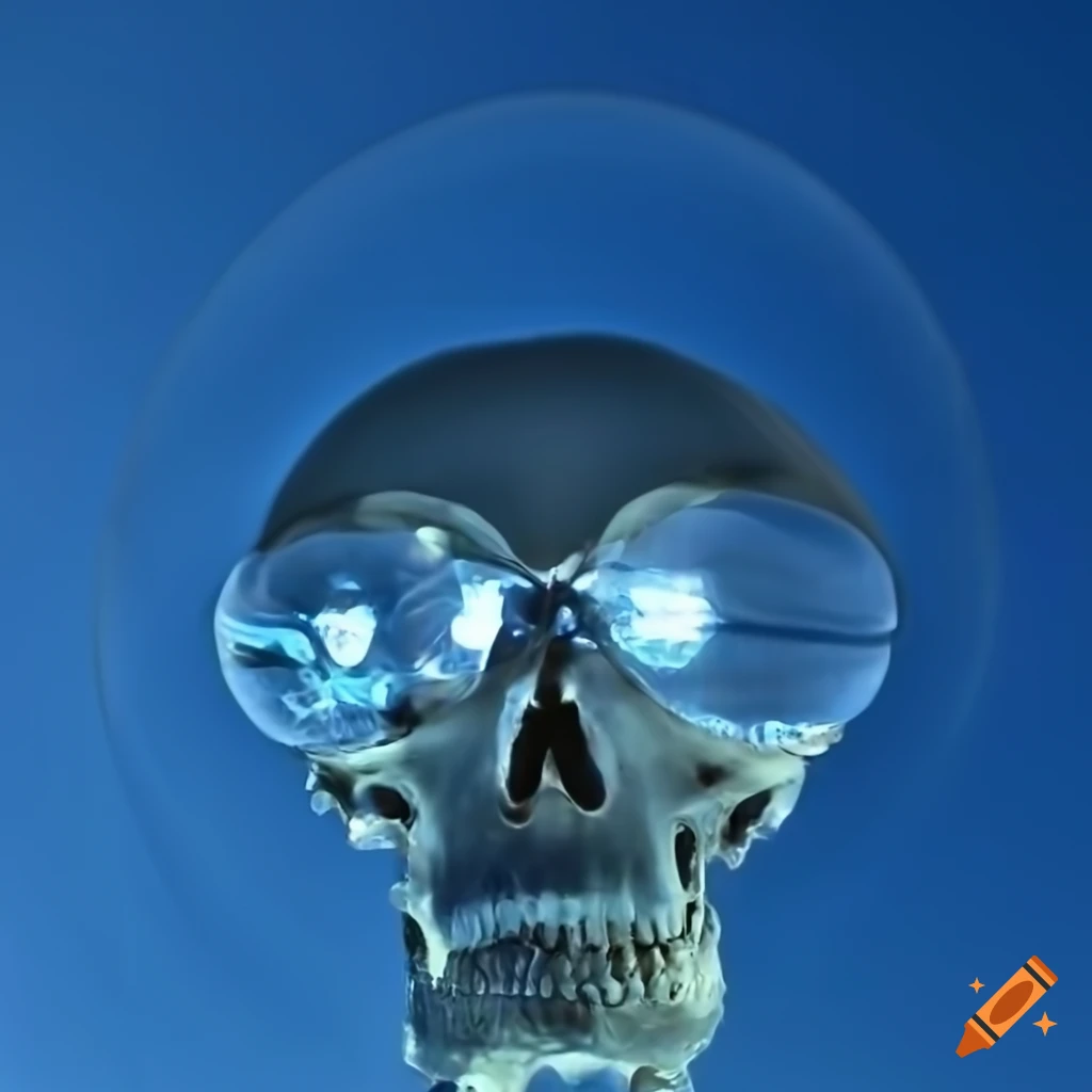 glass skeleton with light refracted through its skull