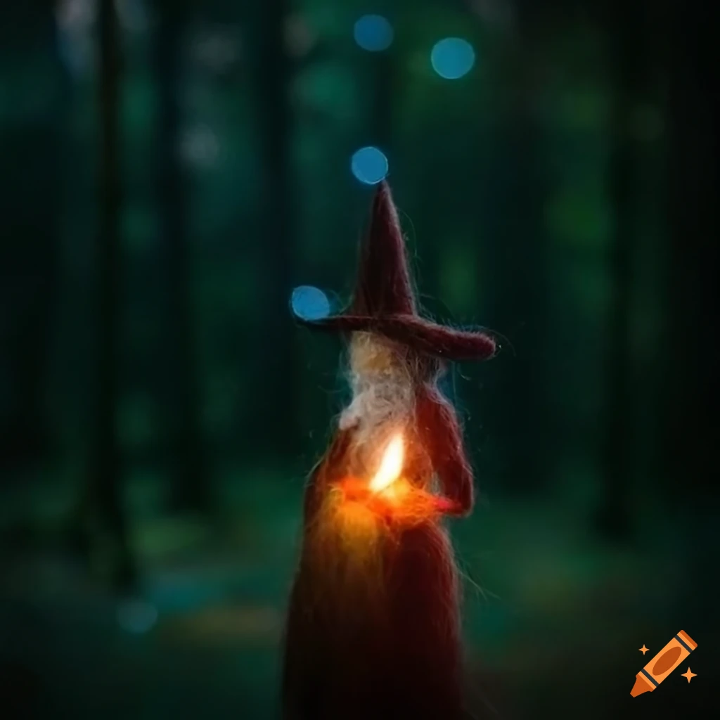 felted witch with a blue magical orb in a dark forest