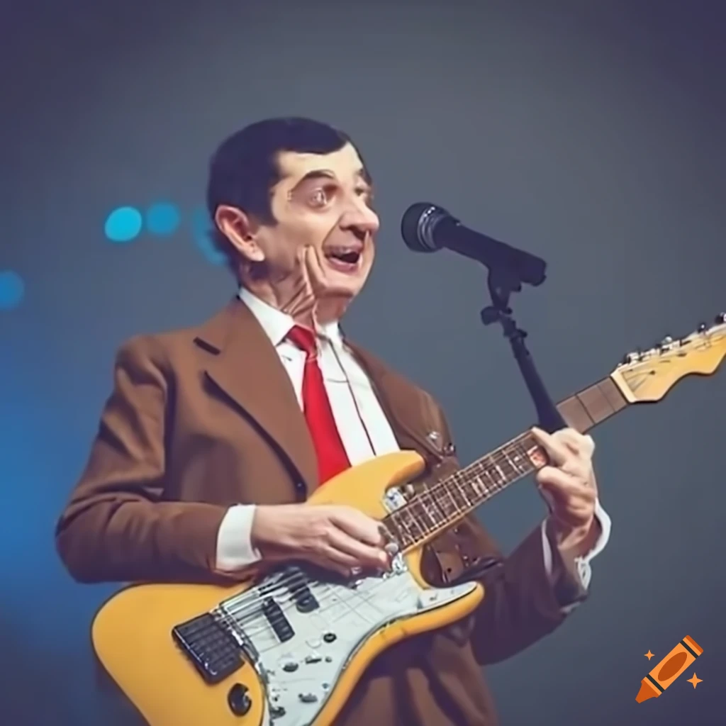 live concert of Mr Bean playing electric guitar