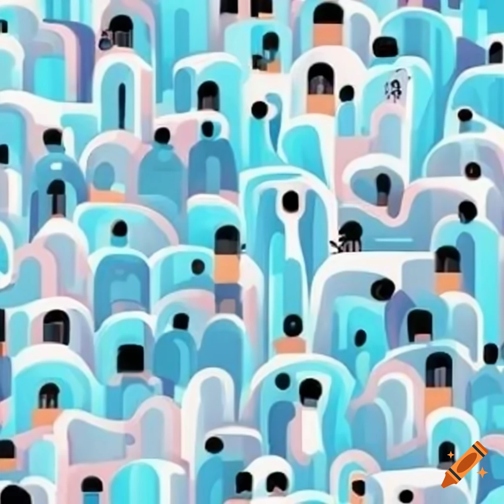 Abstract mosaic painting of a crowd in a maze