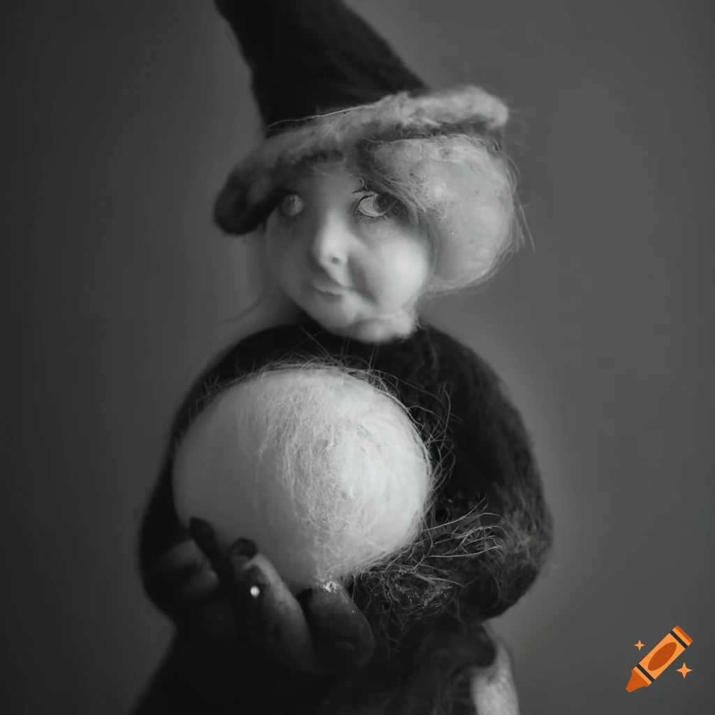 felted witch crafting a magical orb