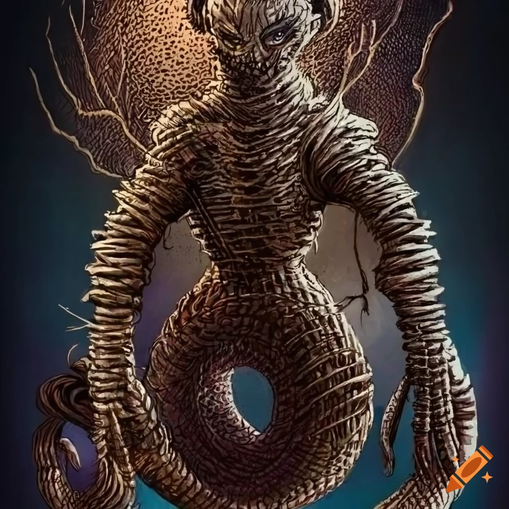 etching of a detailed wicker merman monster