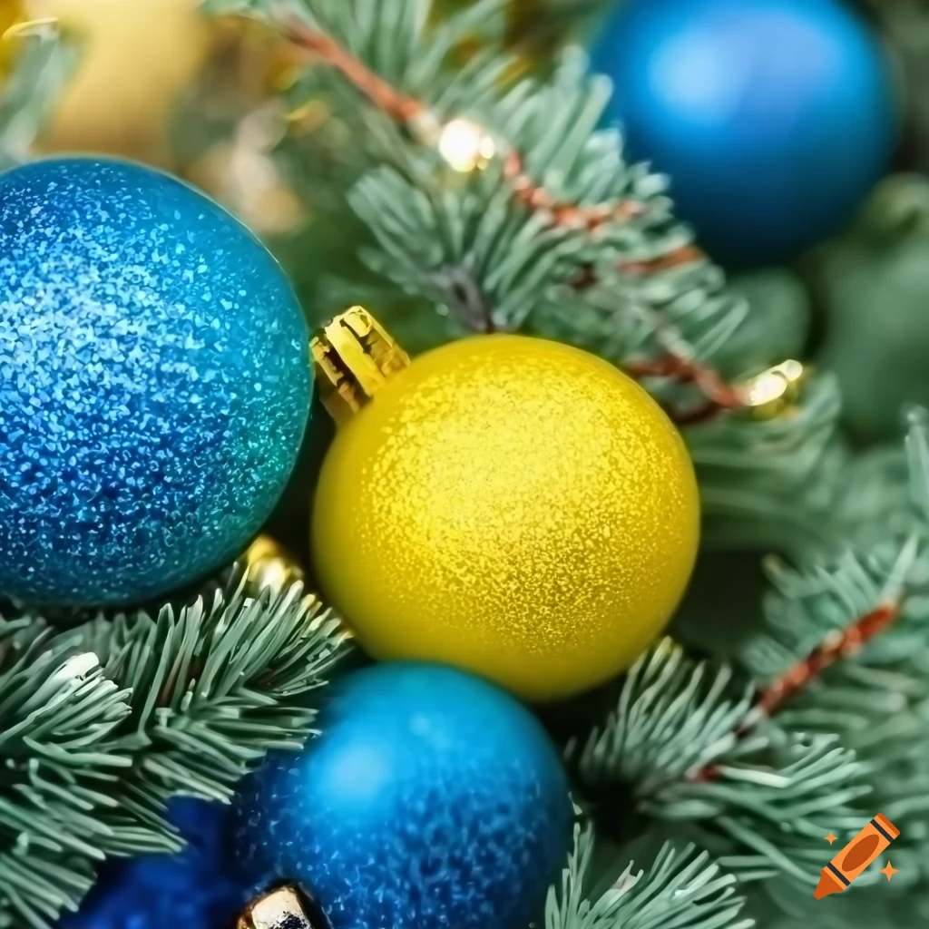 Close up of yellow and blue christmas tree balls