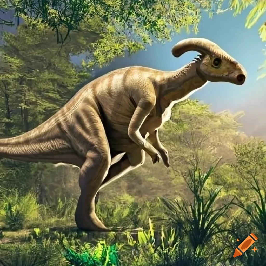 hidden beige parasaurolophus in tall wild vegetation