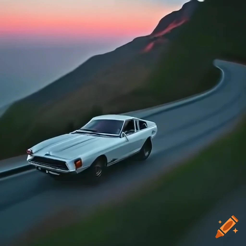 aerial view of a white Datsun 280ZX racing on mountain road at sunset