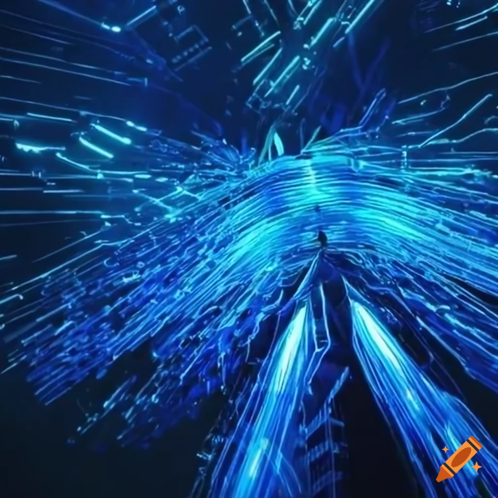 Blue fiber optic network in a futuristic green city