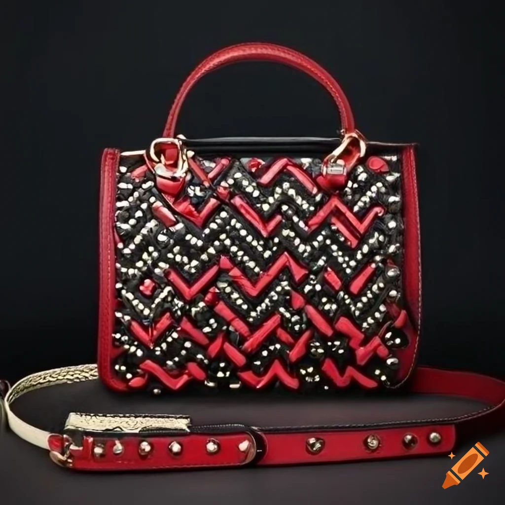 Red and black leather handbag with zigzag pattern and rivets on Craiyon