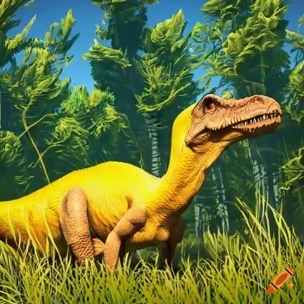 image of a yellow spinosaurus in tall vegetation