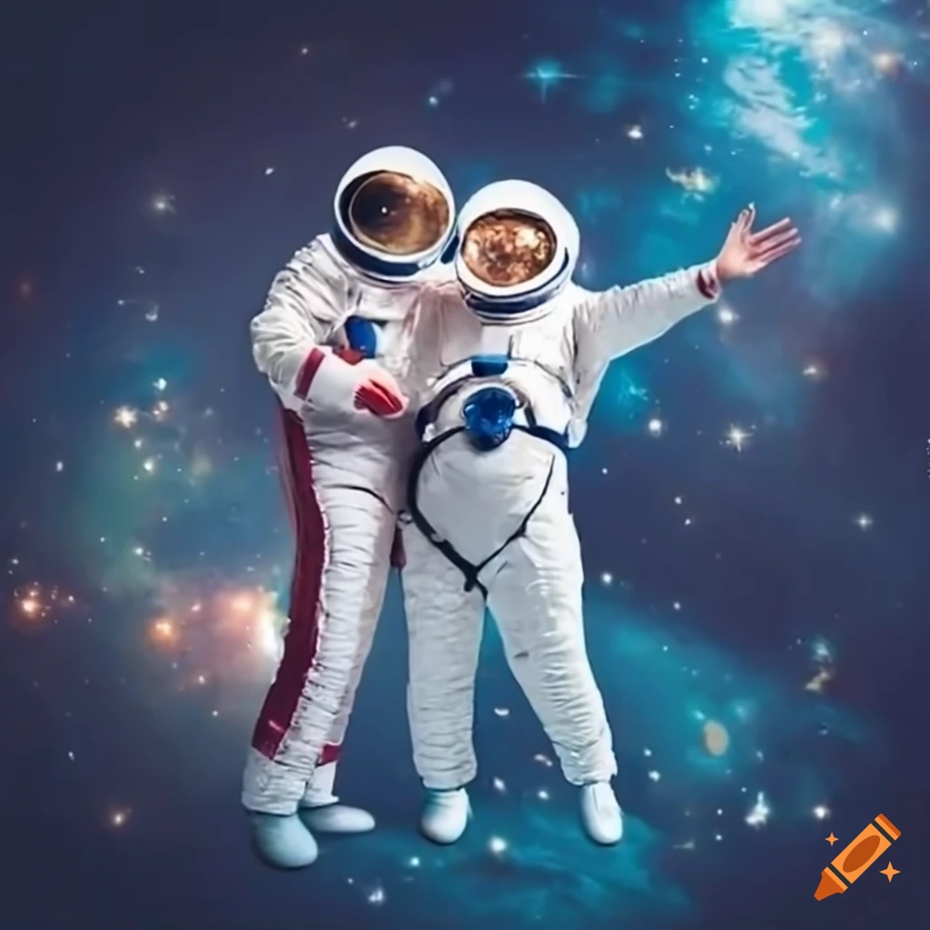 elderly couple waving in astronaut costumes in space