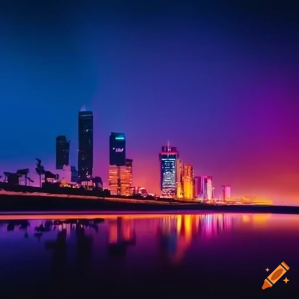 panoramic view of a retrowave city skyline at night