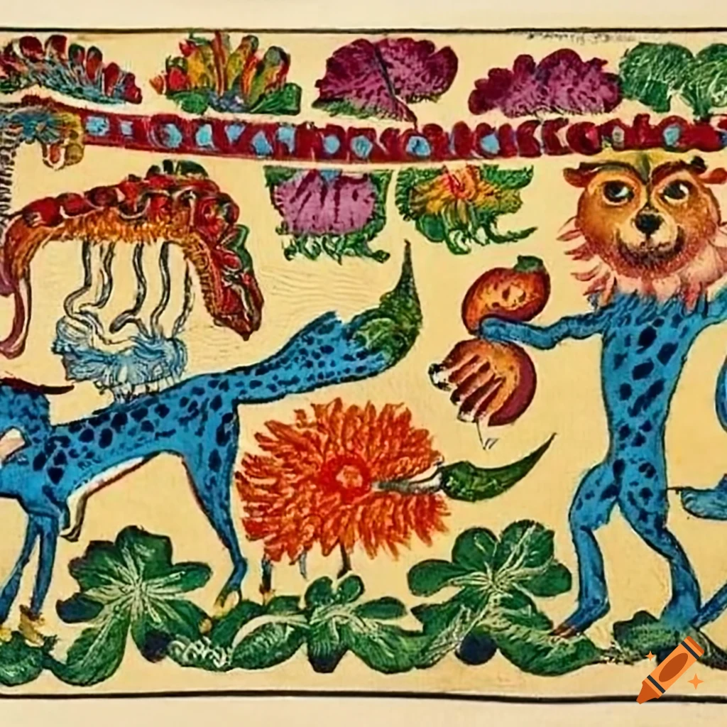 Decorative art with fanciful human and animal forms
