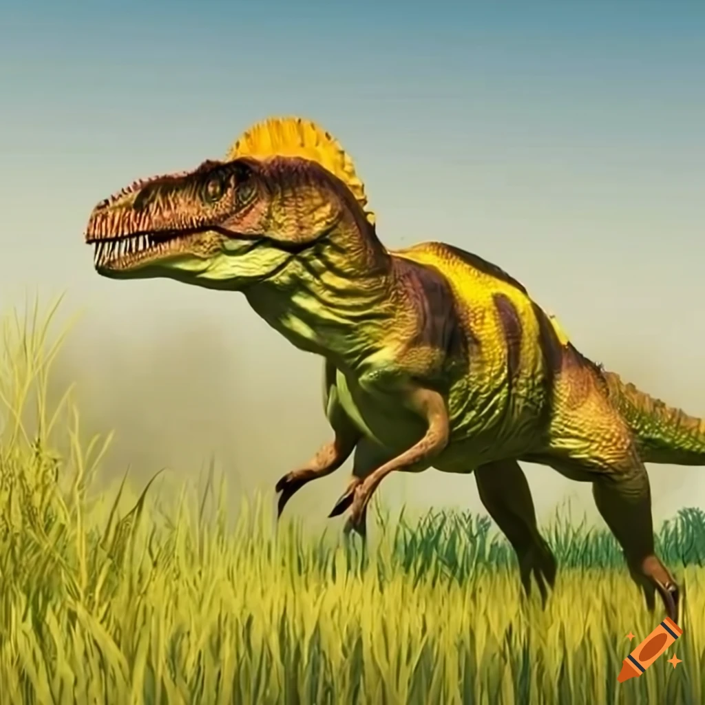 yellow spinosaurus in tall grass