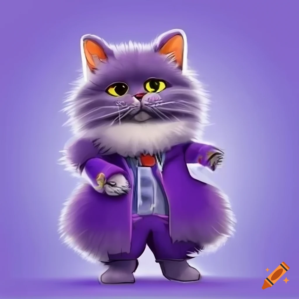 Cartoon cat in a purple fur pimp suit on Craiyon
