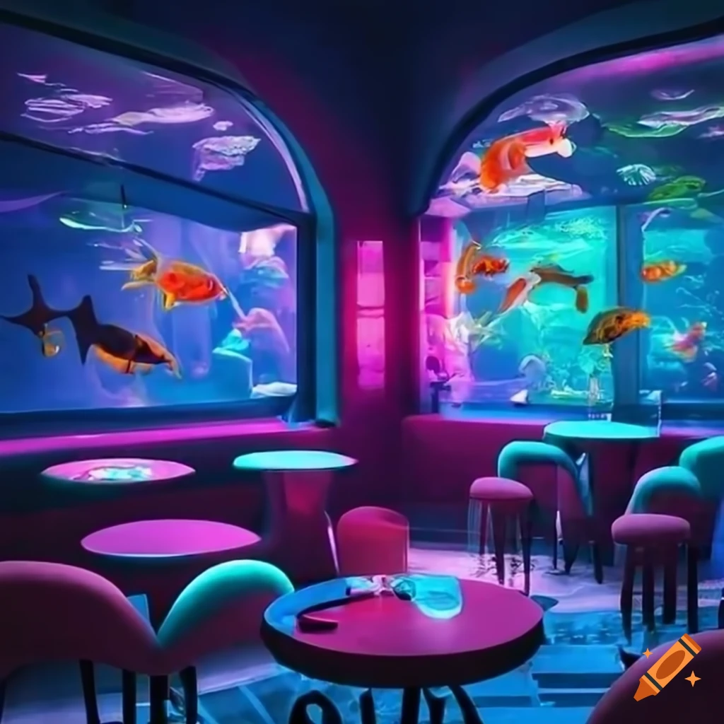 neon lounge with aquarium full of fish
