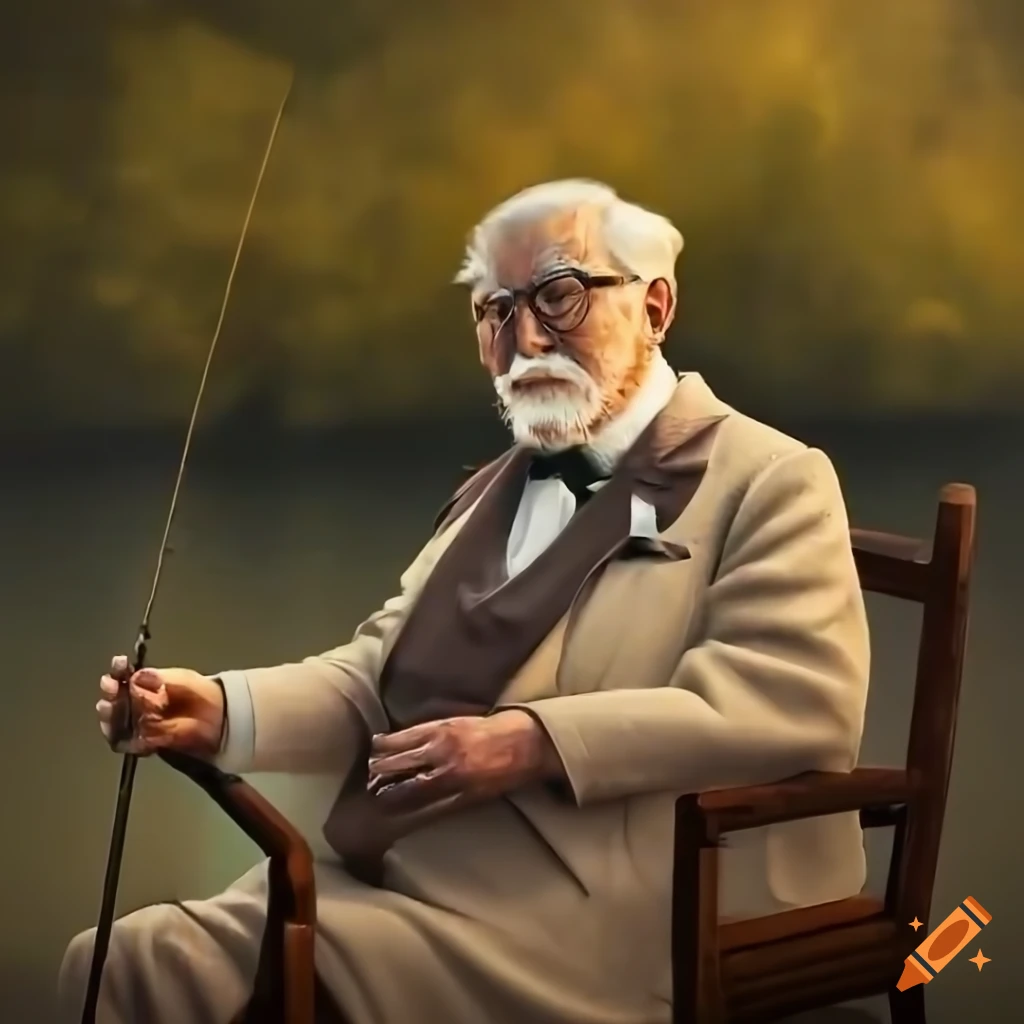 Hyperrealistic painting of colonel sanders fishing at sunrise