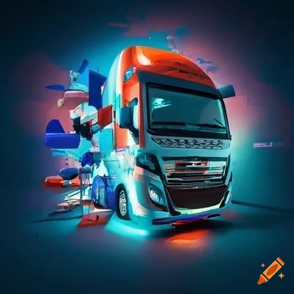 Intermodal transportation advertisement with freight trucks and wagons