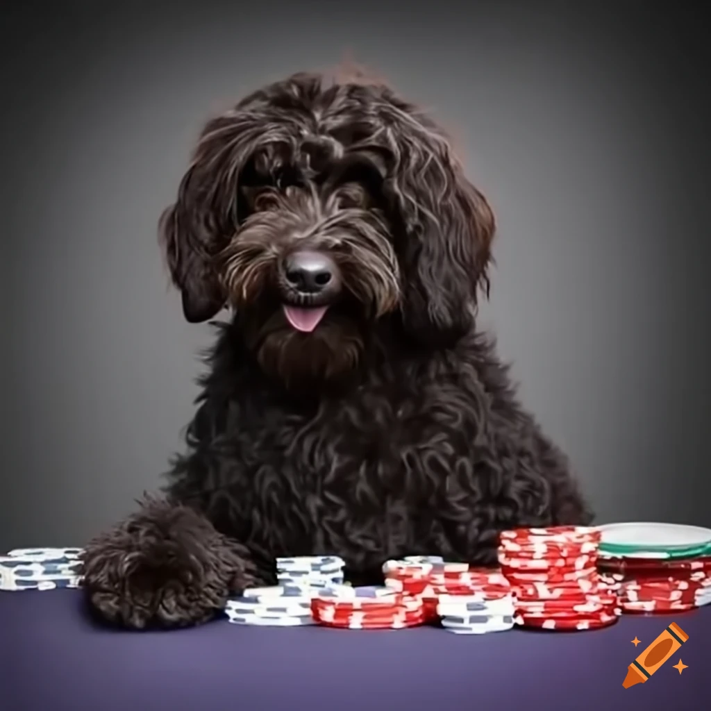 funny black goldendoodle dog playing poker