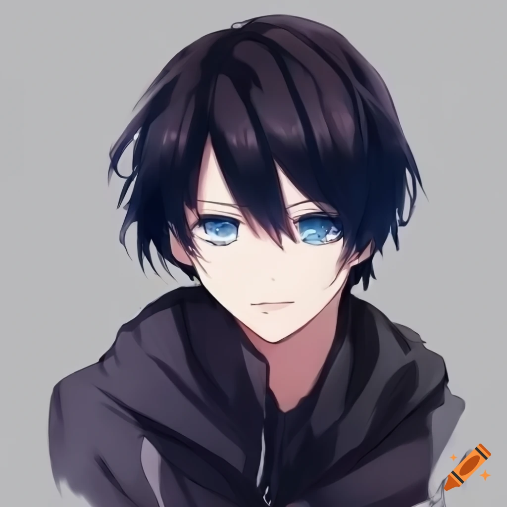 Cute anime boy with blue eyes and black hair