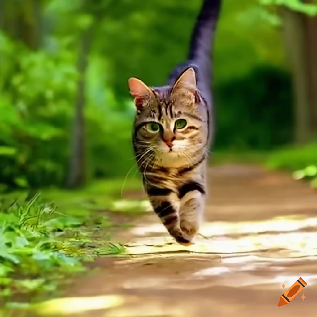 Imagen de un gato corriendo en un prado verde y soleado on Craiyon