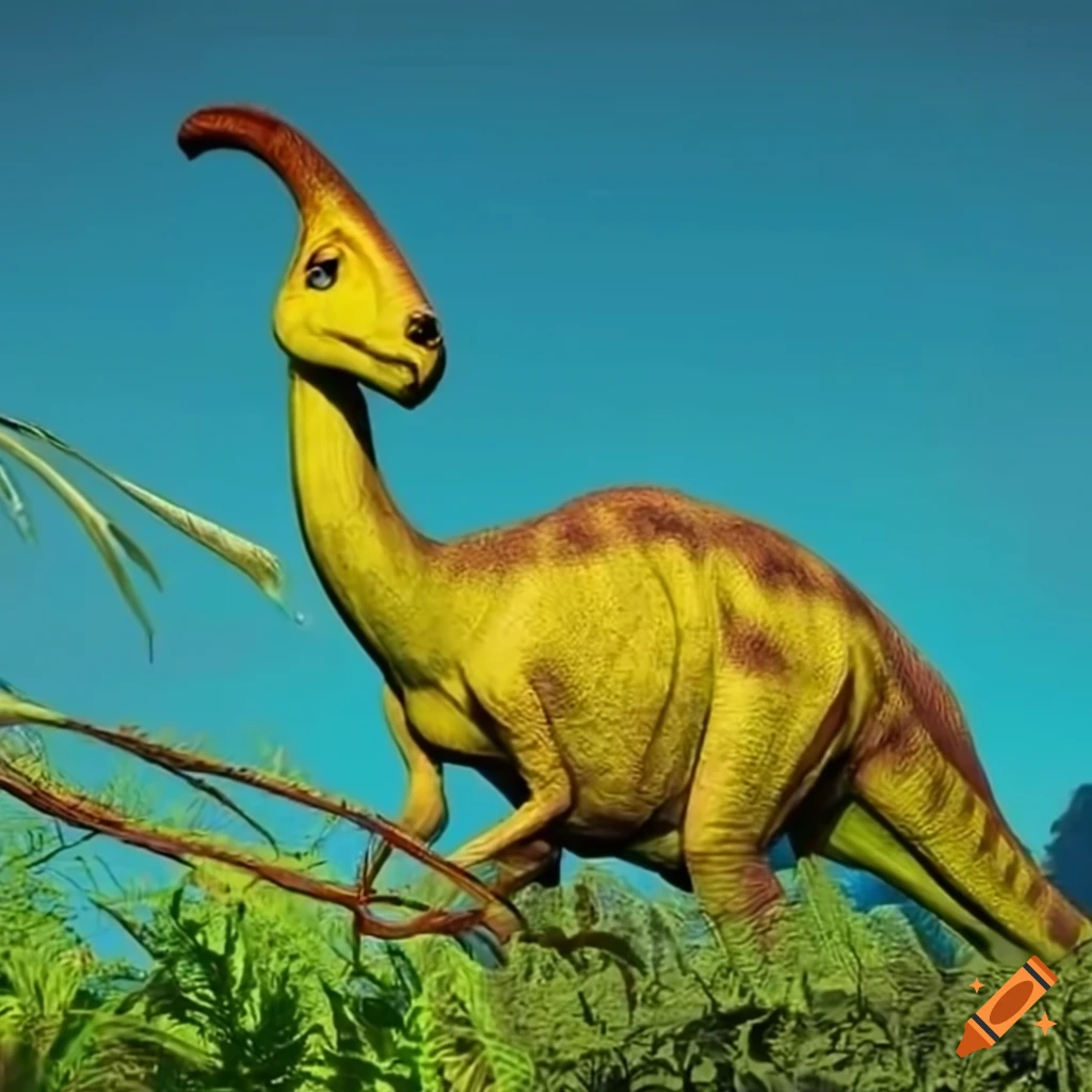 Sunny scene with a giant yellow parasaurolophus in tall vegetation on ...