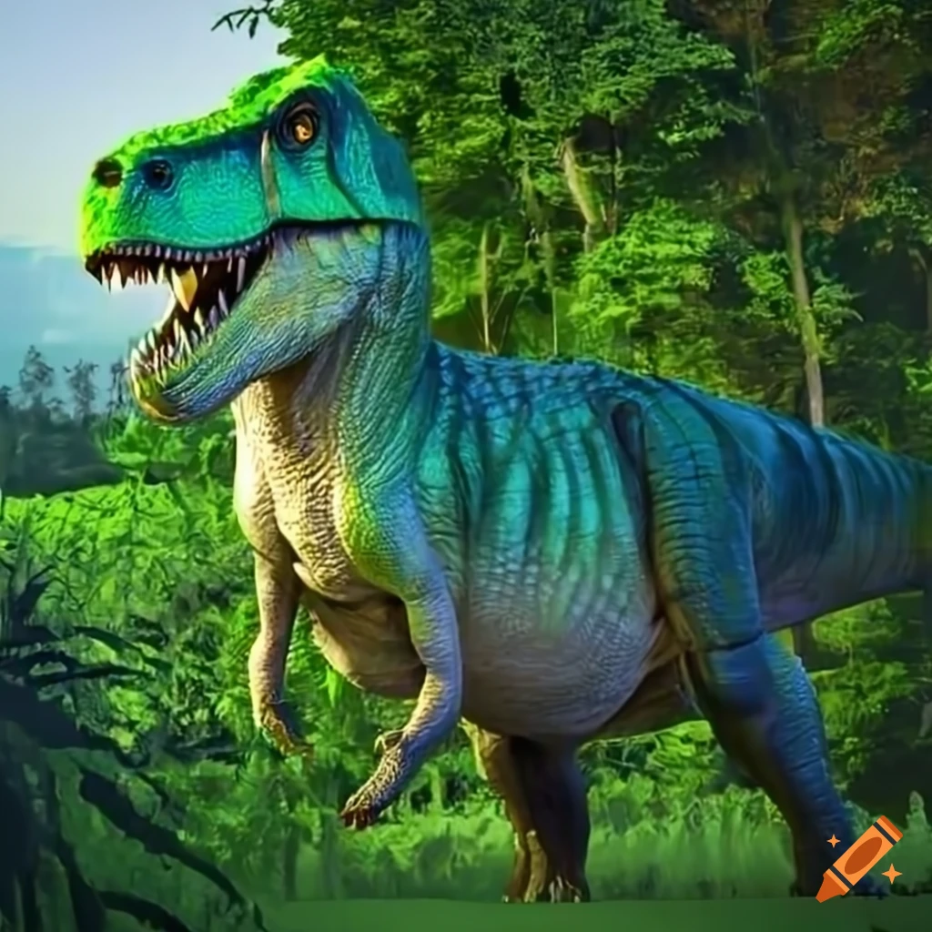 giant green T-Rex in tall sunny vegetation