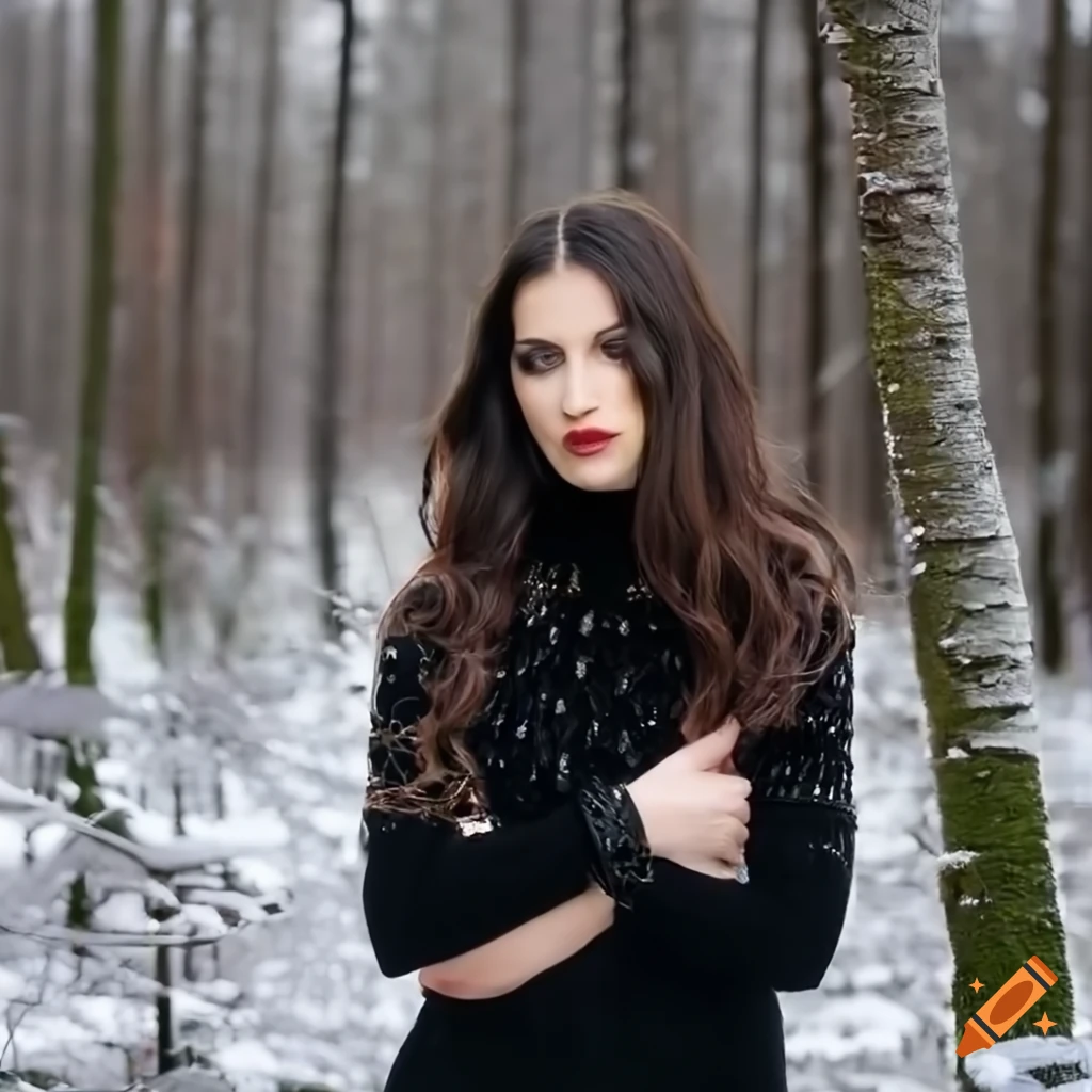 fashion model in black sweater in a winter forest