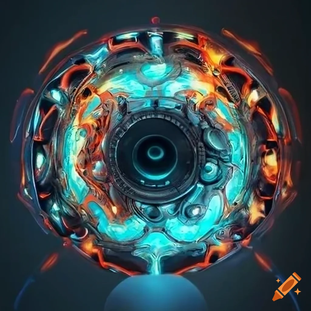 image of a cybernetic wheel on fire with eyes