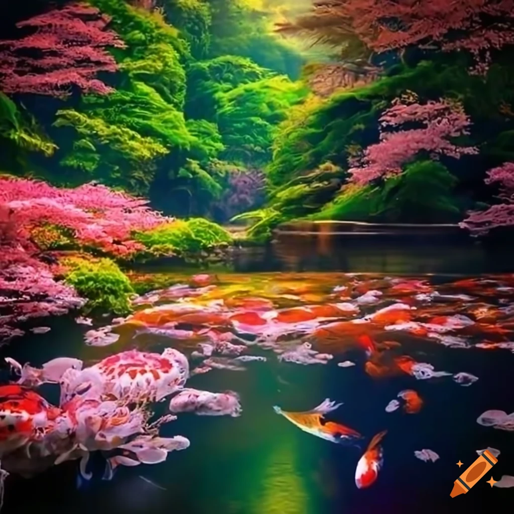 Serene japanese scenery with koi fish and cherry blossom