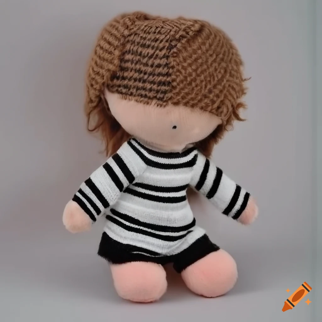 plushie of a girl in black and white striped jumper