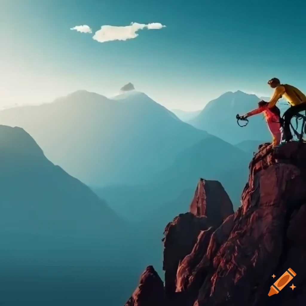 panoramic view of mountains with skier doing a flip and person mountain biking