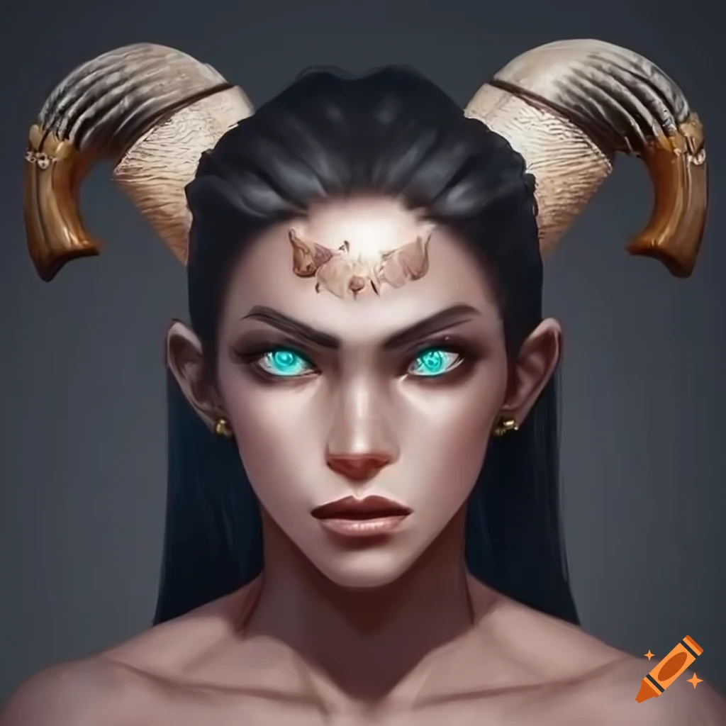 Digital artwork of a qunari woman with black ram horns on Craiyon