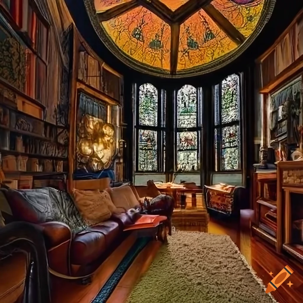 Cozy gothic living room with forest view