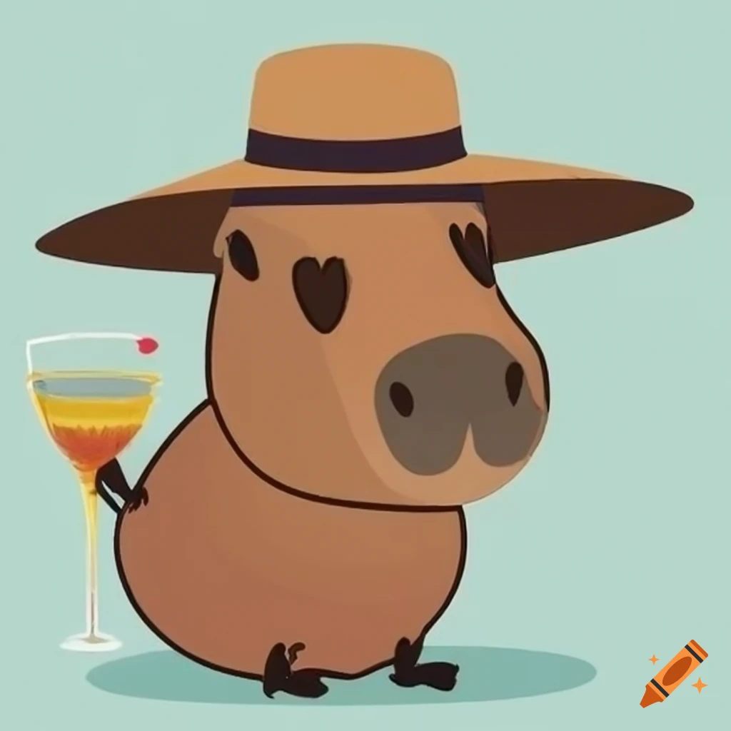 capybara wearing a straw hat and enjoying a cocktail