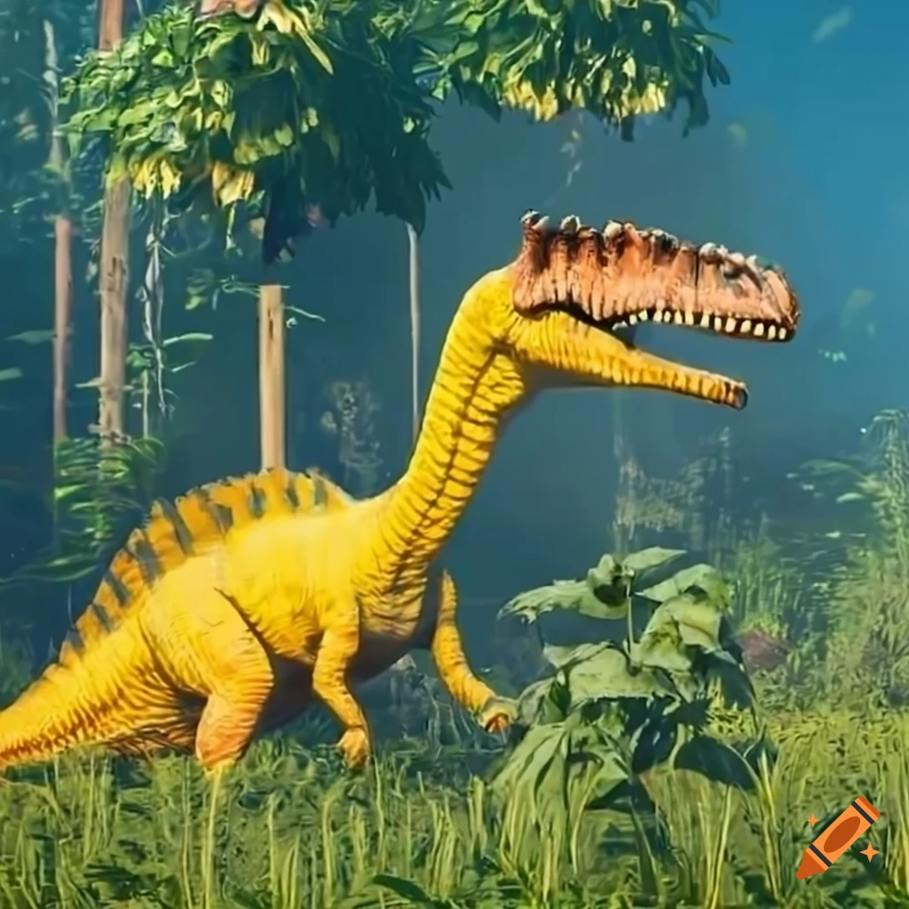image of a giant yellow spinosaurus in tall vegetation