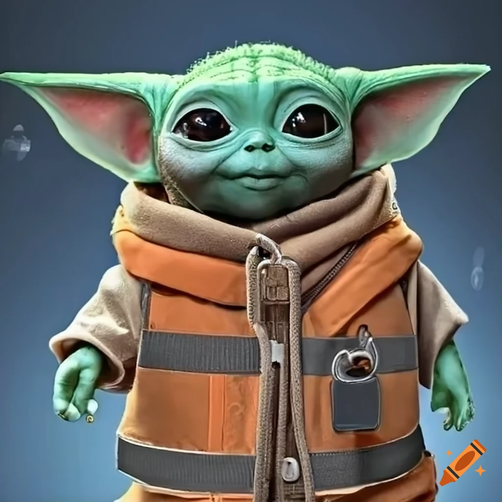 Adorable baby yoda wearing a safety vest and holding security locks on