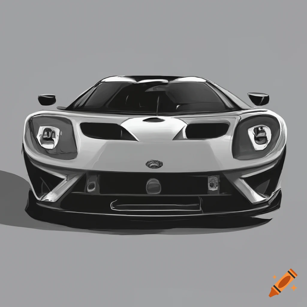 dessin of a Ford GT from the front in black and white