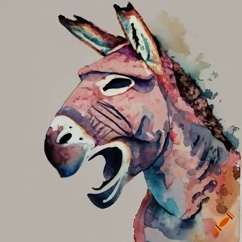 woodblock print of a donkey with open mouth