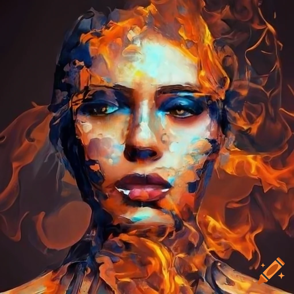 Abstract knife painting with a face on fire and water