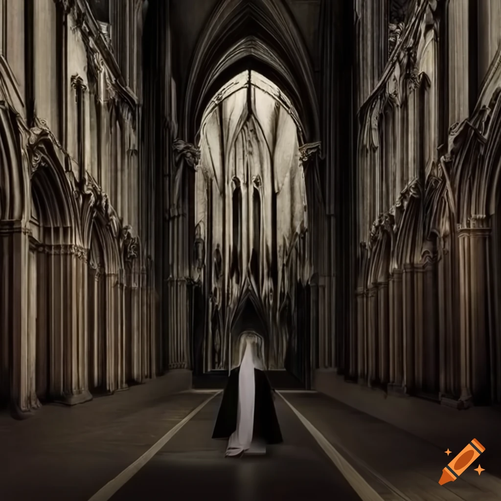 hyperrealistic image of a nun in front of a cathedral