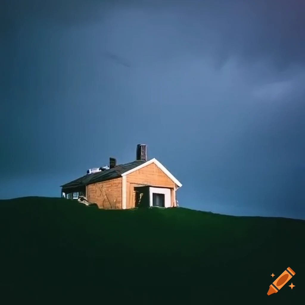 surreal art of a floating house on a hill with water-filled sky