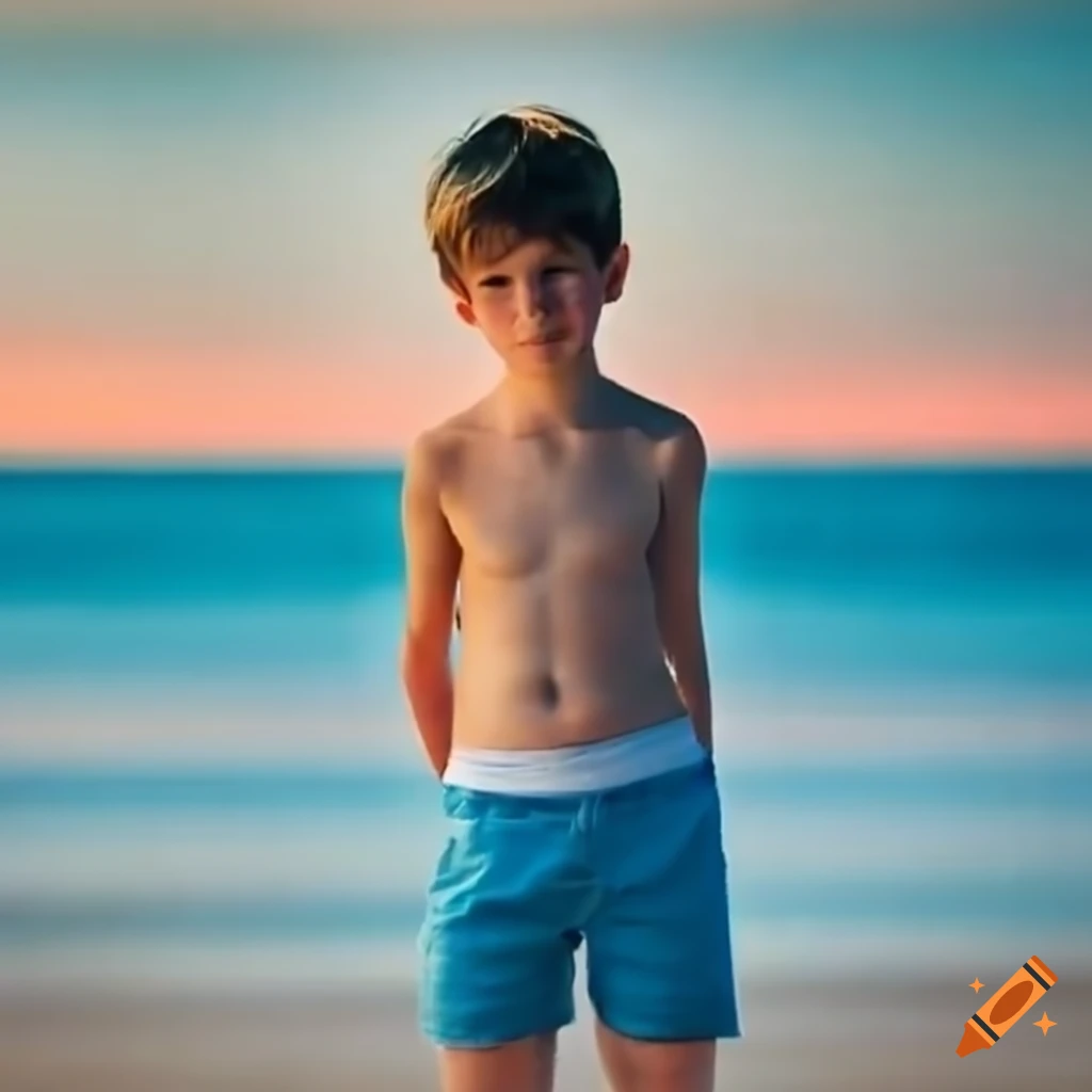 boy-standing-at-the-beach-in-blue-shorts