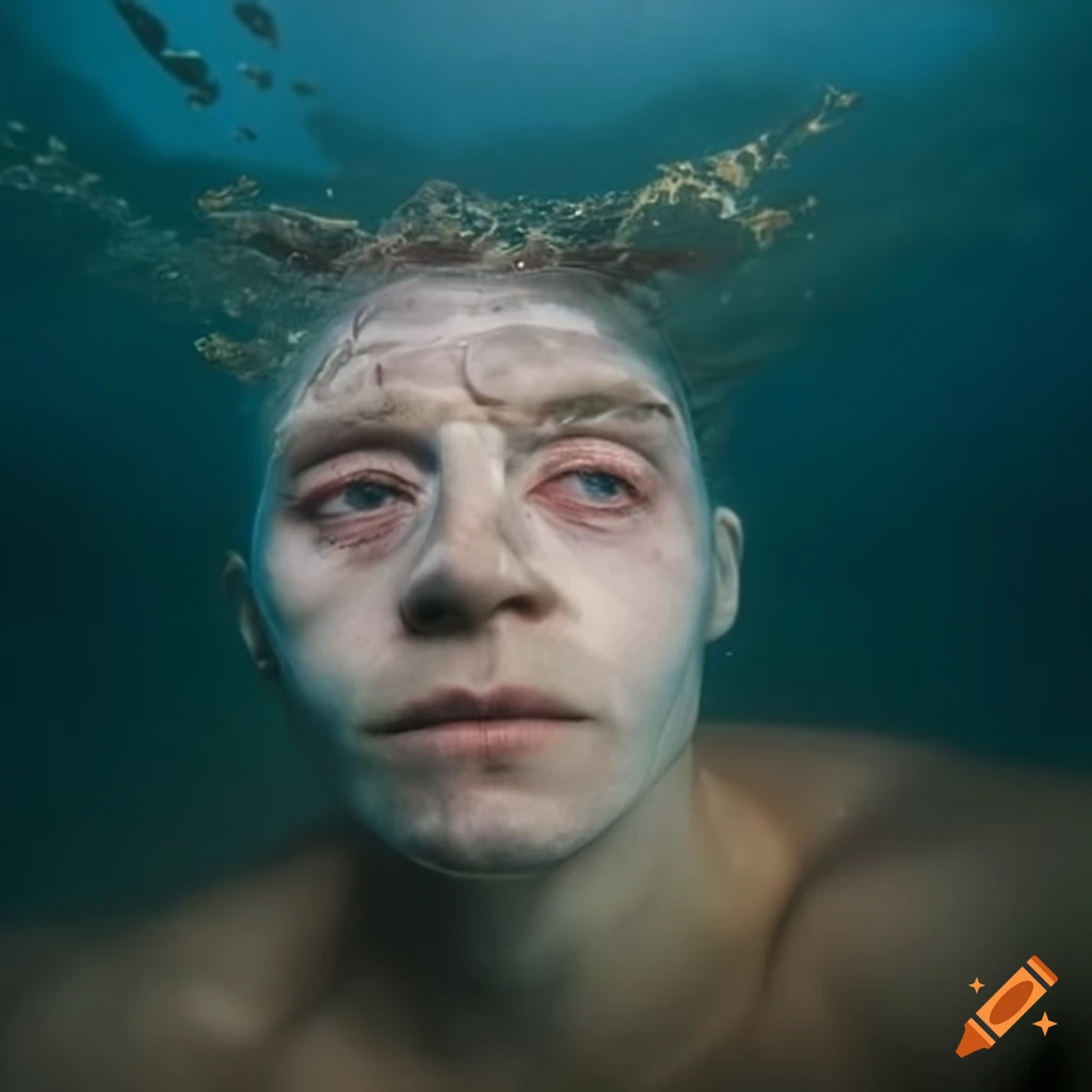 Man's face submerged in water